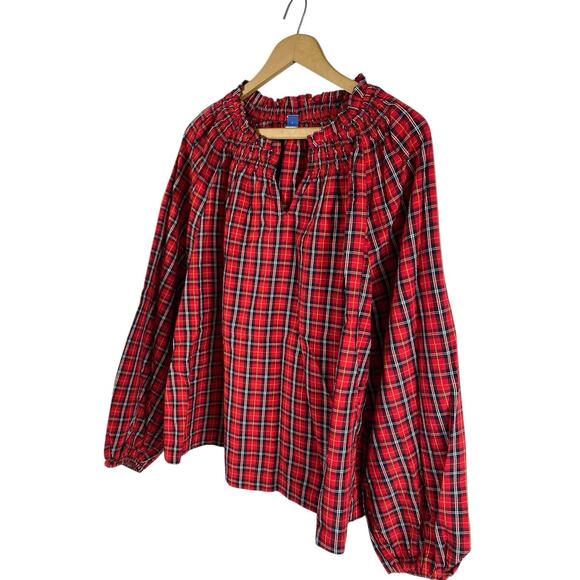 Old Navy Blouse Top Red Plaid Tartan Check Womens Smocked Christmas Preppy L New - Picture 5 of 16